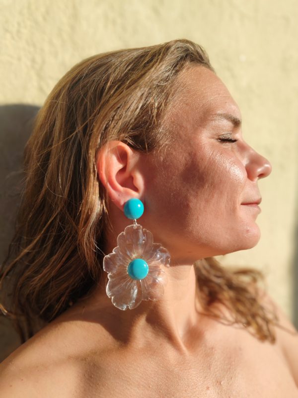 BO Francine Bramli clip fleur incolore et turquoise