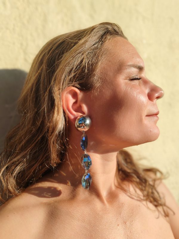 BO Francine Bramli clip perles cristal de verre bleues et argenté