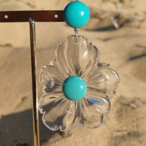 BO Francine Bramli clip grosse fleur incolore et turquoise
