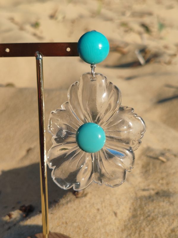 BO Francine Bramli clip grosse fleur incolore et turquoise