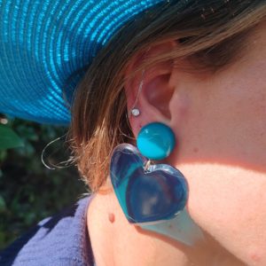 BO clip Francine Bramli plaque coeur translucide bleue turquoise